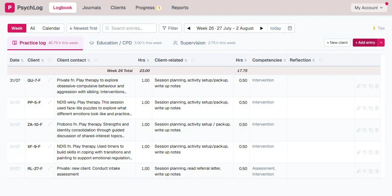 The PsychLog practice log in Week view with a new entry row at the top